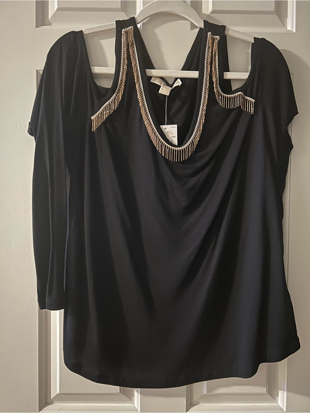 Michael Kors Black Cold-Shoulder Top with Gold Fringe Trim XL